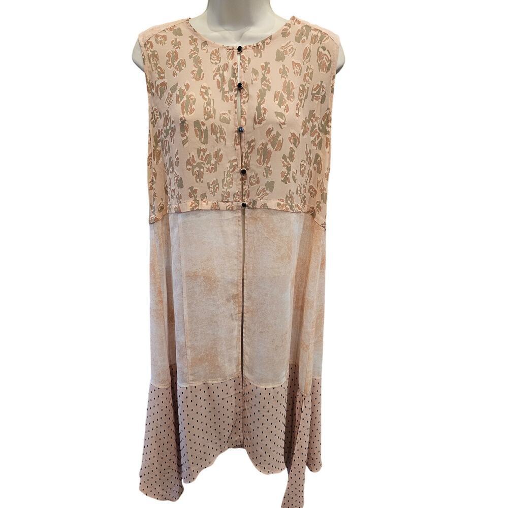 Logo semi Sheer raglan patchwork quilt sleevless half button Duster pink small